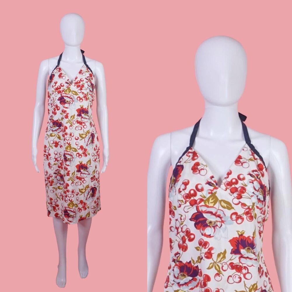 Y2K ZINC CHERRY CHERRIES and Flowers Fruit Print White and Red Halter Dress. S-M